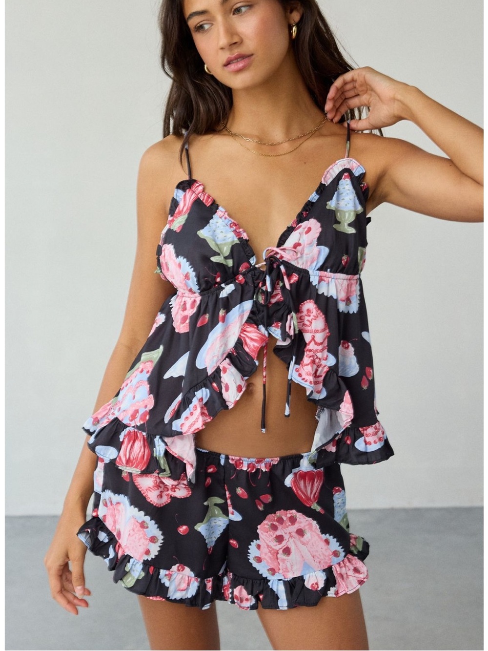 Urban Outfitters Black Floral Ruffle Pajama Set